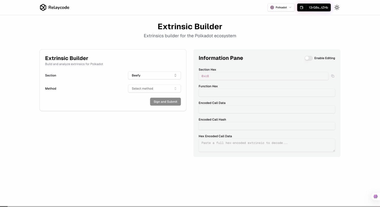 Relaycode Demo — bi-directional extrinsic builder